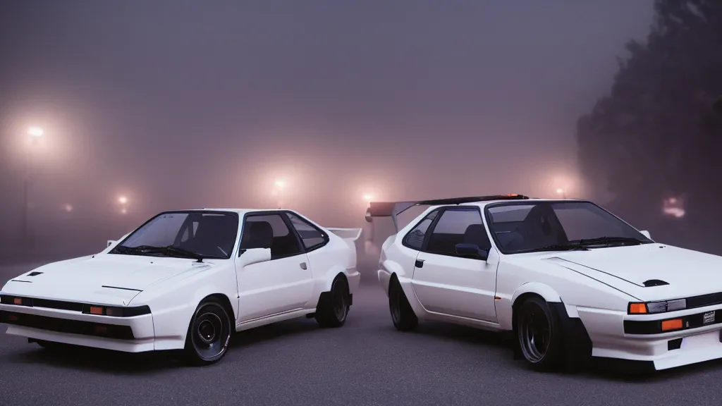 Image similar to a trueno ae 8 6, cinematic, white balance, neon, 8 k, rim lighting, led, lumen global illumination, fog, ray tracing reflections