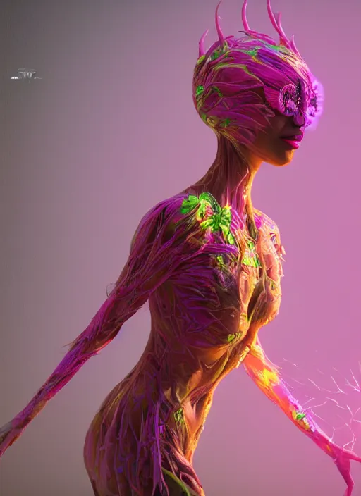 Image similar to alien woman, clothes made out of flower, rgb, cables everywhere, bedroom, ultra realistic, concept art, intricate details, highly detailed, photorealistic, octane render, 8 k