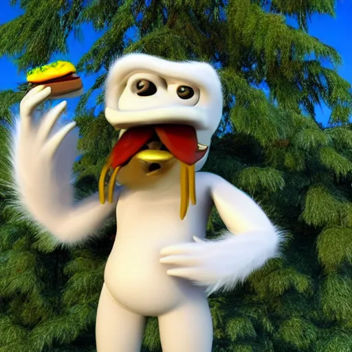 Image similar to anthropomorphic 3D yeti eating cheeseburger in forest