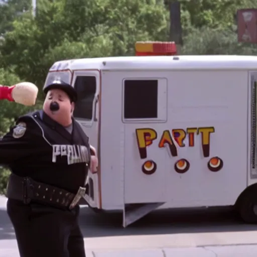 Image similar to paul blart getting hit by an ice cream truck, still from paul blart mall cop