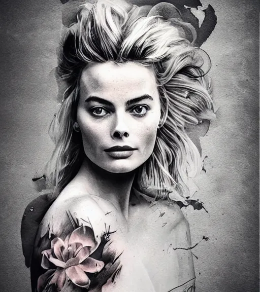 Image similar to tattoo design sketch double exposure of margot robbie with beautiful mountain scenery mash up, in the style of arlo dicristina, surrealist, amazing detail, sharp