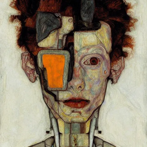 Image similar to portrait of a robot by egon schiele in the style of greg rutkowski