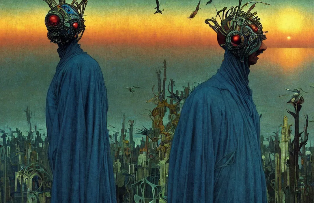 Image similar to realistic detailed portrait movie shot of a birdman wearing dark ragged robes, futuristic city sunset landscape background by denis villeneuve, amano, yves tanguy, alphonse mucha, ernst haeckel, max ernst, roger dean, rich moody colours, blue eyes