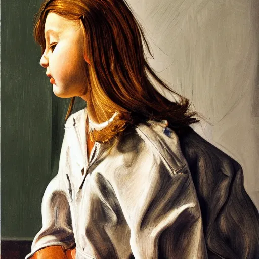 Image similar to high quality high detail painting by lucian freud, hd, excited girl portrait, low angle, photorealistic lighting