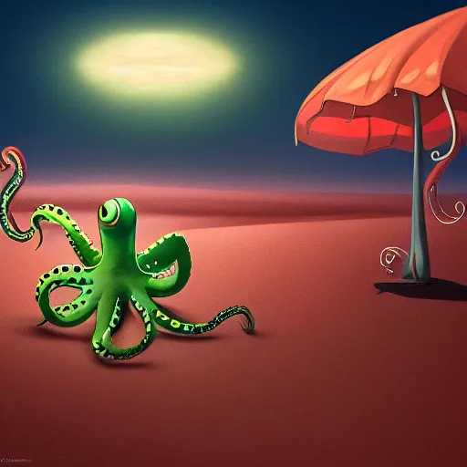 Image similar to octopus dances tango with a gecko while eating tacos in the sahara desert, digital art, trending on art station, moody, cinematic, dynamic lighting, cartoon, photoshop