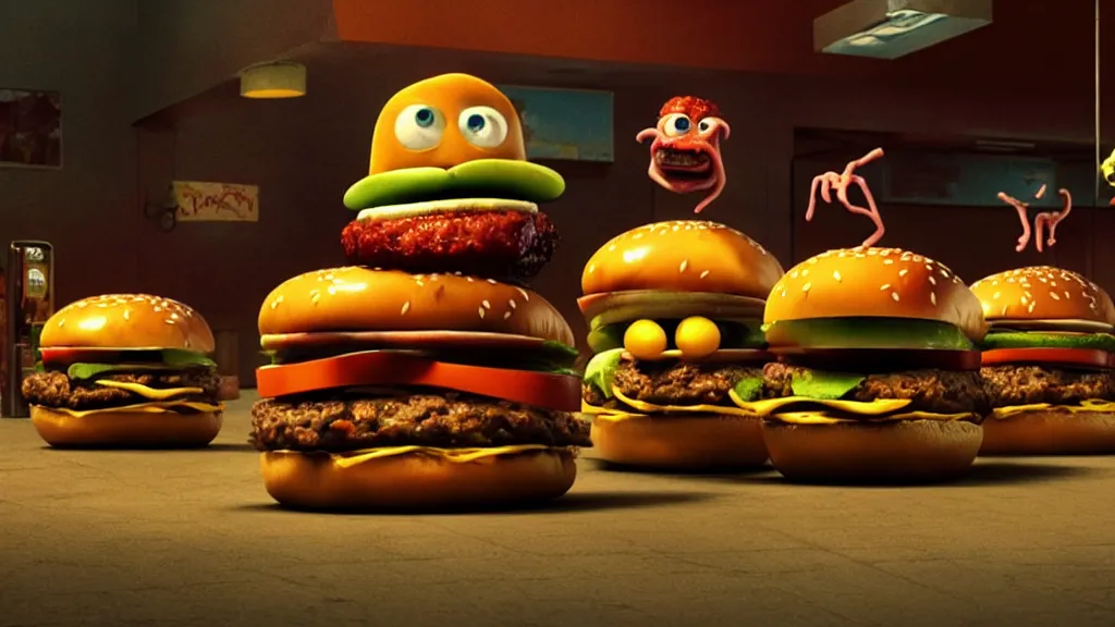 Image similar to the strange cheeseburger creature at the fast food place, film still from the movie directed by denis villeneuve and david cronenberg with art direction by salvador dali and zdzisław beksinski, pixar, wide lens