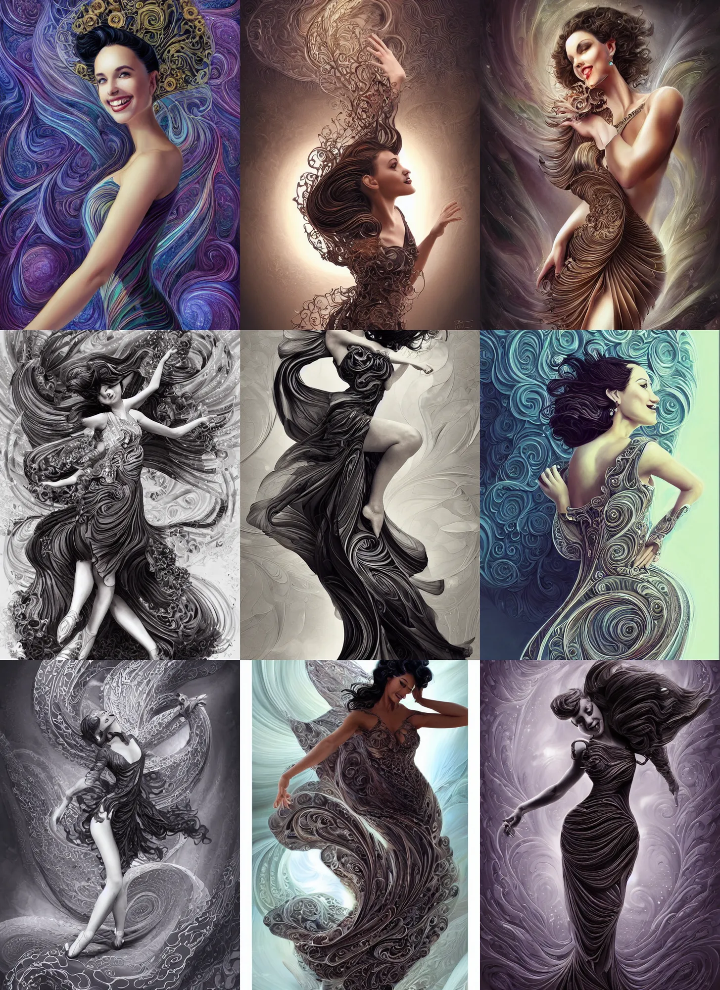 Prompt: classic dancer striking a pose, swirly flower dress, swirly dark hair, smile like a sphinx, by artgerm, intricate details, elegant, sophisiticated, highly detailed, flower fractals in the background, artstation, by aleksi briclot and sam kieth and anton fadeev