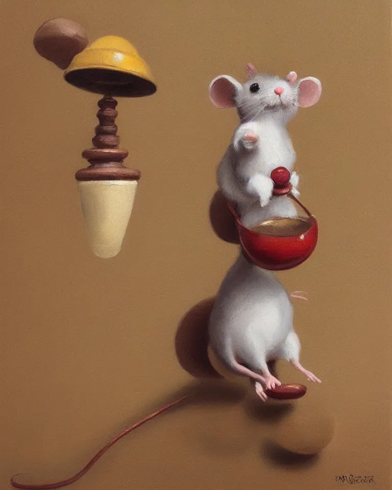 Prompt: an old oil painting of a cute mouse standing on two legs and holding a round bell, trending on artstation