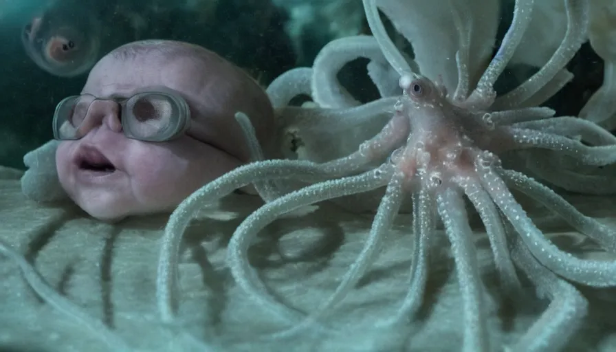 Prompt: Big budget horror movie, scientists examine a baby squid