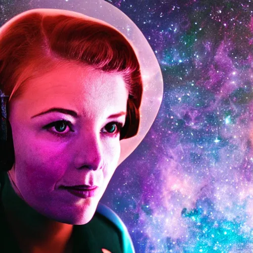 Image similar to modern double exposure monochrome head shot portrait of a female wwii pilot over a brilliant iridescent nebula. orange, pink, purple color ombre.