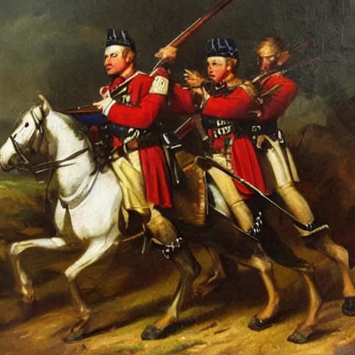 Prompt: Jacobite scottish soldiers charging at british redcoats detailed oil painting