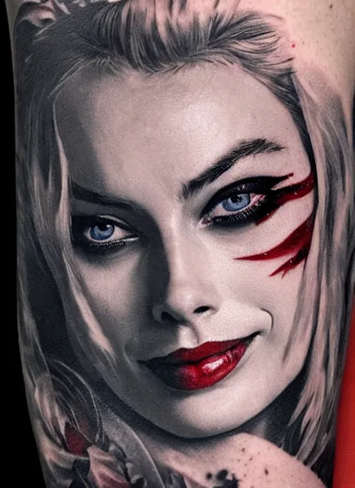 Prompt: tattoo of margot robbie as harley quinn with sexy eyes, holding an ace card, abstract edges, in the style of den yakovlev, realistic face, black and white, realism tattoo, hyper realistic, highly detailed