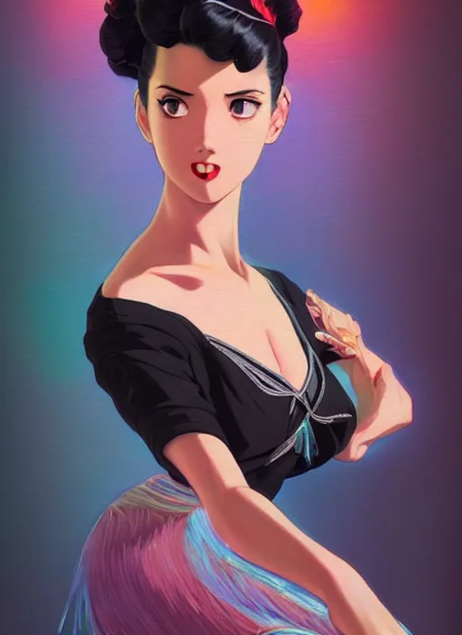 Image similar to a beautiful dancer with black hair in 1940's fashion, ballroom background, intricate, highly detailed, digital painting, artstation, official media, anime key visual, concept art, rich vivid colors, ambient lighting, sharp focus, illustration, art by Artgerm, Makoto Shinkai, Ilya Kuvshinov, Lois Van Baarle, and Rossdraws