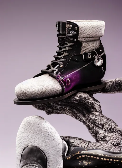 Image similar to hyperrealistic and heavy detailed product photo off white avant garde boot of thanos ( marvel comics ), in front of white back drop, whole shoe is in picture, leica sl 2 5 0 mm, vivid color, high quality, high textured, real life