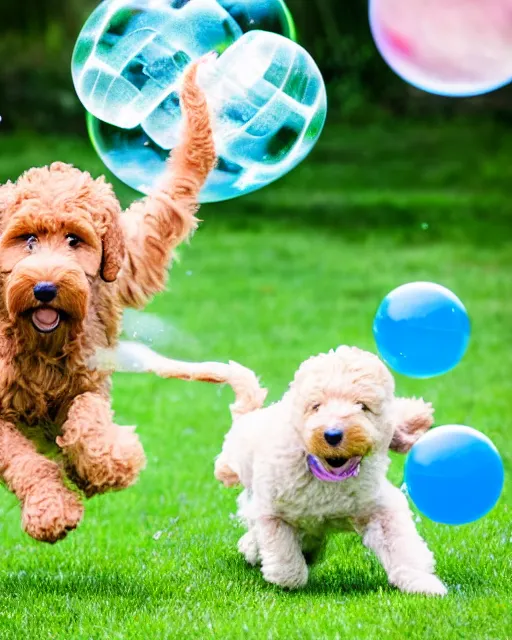 Image similar to stock photos of a golden doodle puppy chasing after a toddler who is blowing giant soap bubbles