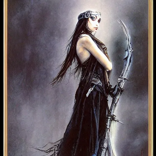 Prompt: young teen female with crow head , painting by Luis Royo