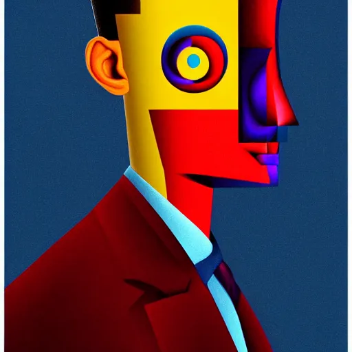 Image similar to ultra realistic portrait ofa man in suit in a studio, ultra detailed, under blue, red and yellow cinematic lighting, salvador dali, cartoon, monument valley, escher