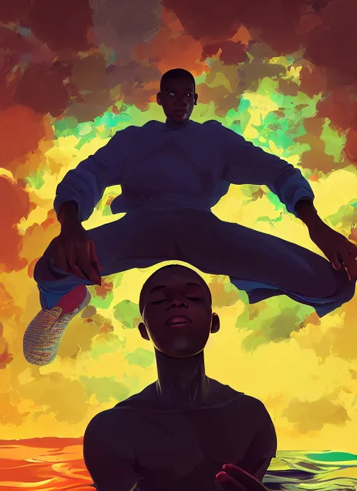 Image similar to detailed digital painting of young black man dreaming floating cmyk text and complex algorithms, dramatic pose by artstation, fanart behance hd by jesper ejsing, by rhads, makoto shinkai and lois van baarle, ilya kuvshinov, rossdraws, enter the matrix, global illumination, radiant light, detailed and intricate environment