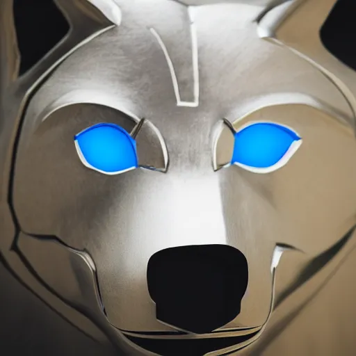 Prompt: portrait photography of a silver wolf sculpture with glowing blue eyes