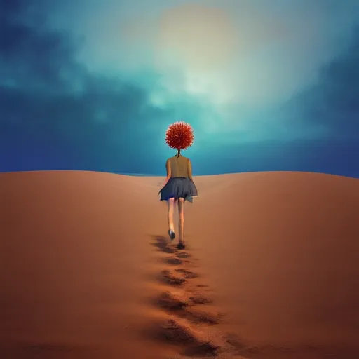 Image similar to closeup giant dahlia flower under head, a girl walking between dunes, surreal photography, sunrise, blue sky, dramatic light, impressionist painting, digital painting, artstation, simon stalenhag