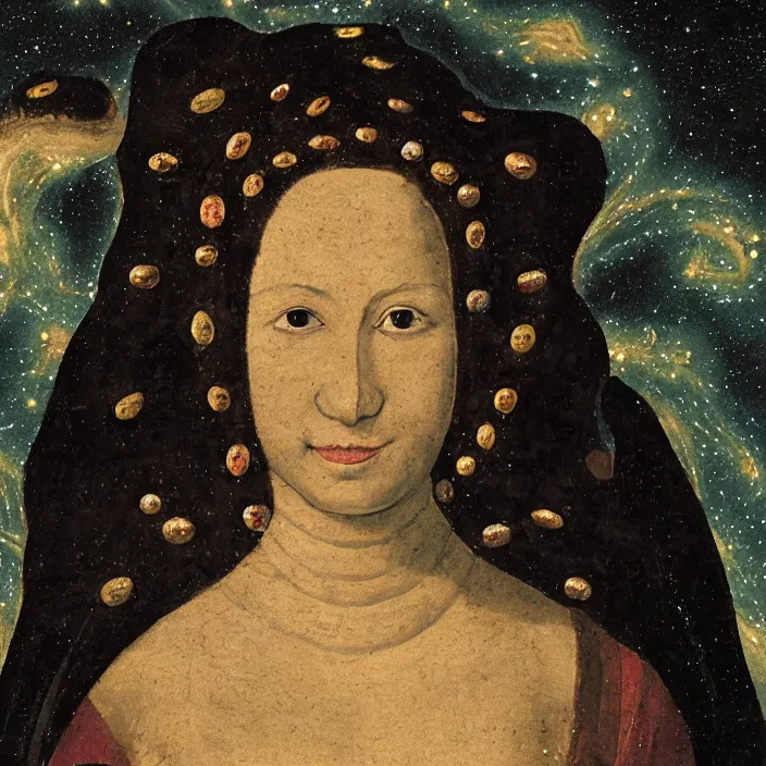 Prompt: a closeup portrait of an eel goddess, in a nebula, early netherlandish painting,