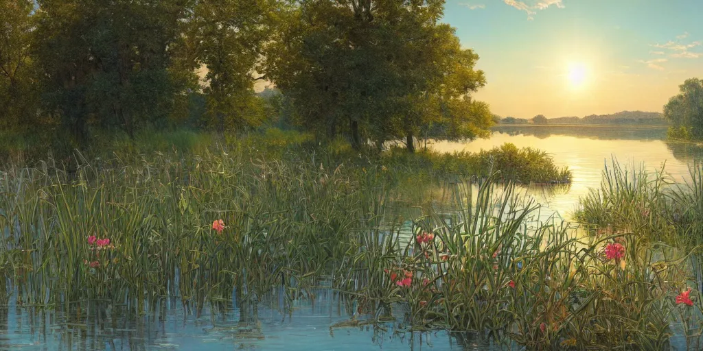 Prompt: a beautiful lake landscape in summer, romantic ambiente, no people, tall reed on riverbank, no mountains, clear sky, sunshine, colorful, by Mohrbacher and Moebius and Alphonse Mucha and Roger Deakins, cinematic lighting, masterpiece, highly detailed, 8k resolution, trending on art station