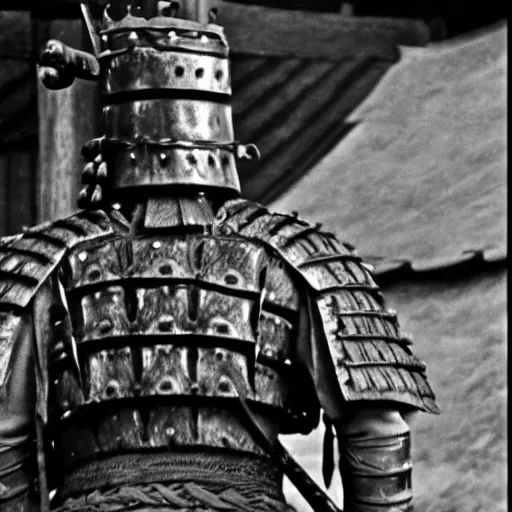 Prompt: A samurai wearing armor in a japanese village, shot by Akira Kurosawa, film still of Seven Samurai (1954)