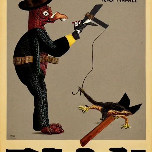 Image similar to a poster featuring a humanoid crocodile smoking a cigar, a hawk with a black cross shaped sword