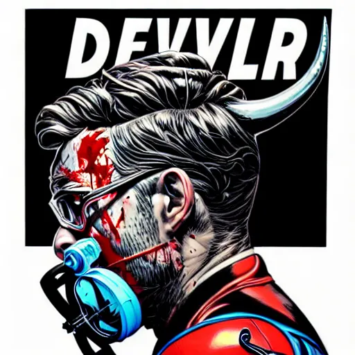 Image similar to a profile photo of a devil with a diving oxygen mask with side profile blood in ocean intricate details by MARVEL comics and Sandra Chevrier-C