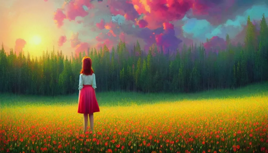 Image similar to girl with a flower face, surreal photography, dream, standing in flower field, hills, big trees, sunrise dramatic light, impressionist painting, colorful clouds, digital painting, pointillism, artstation, simon stalenhag, flower face