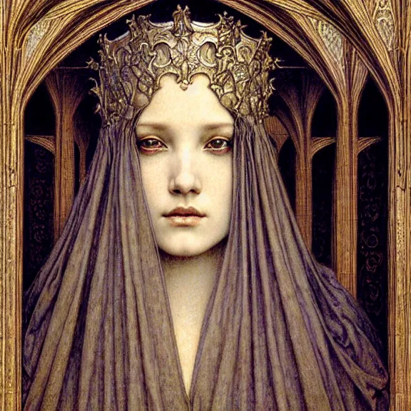 Image similar to detailed realistic beautiful young medieval queen face portrait by jean delville, gustave dore and marco mazzoni, art nouveau, symbolist, visionary, gothic, pre - raphaelite. horizontal symmetry