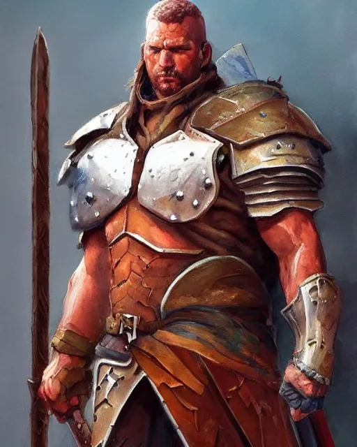 Prompt: a oil / watercolor painting full body character portrait of a paladin / barbarian in the style of moebius in the style of leonard boyarsky trending on artstation deviantart pinterest detailed photorealistic highlights and shadow hd 8 k post - processing high resolution