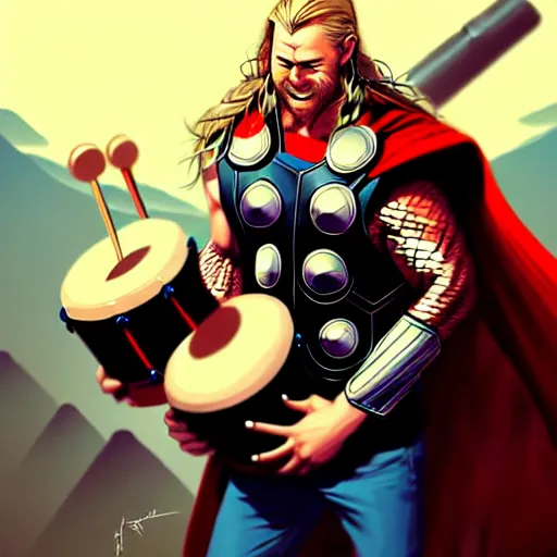 Prompt: thor playing the bongos, comic style by guweiz and stanley artgerm, extremely high quality artwork, very detailed, trending on artstation