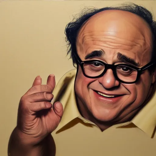 Image similar to danny devito holding a modern 6 0 s style designed chair, eggshell color, renaissance still life painting, masterpiece, realistic light and shadow, trending on artstation, highly detailed, photorealism