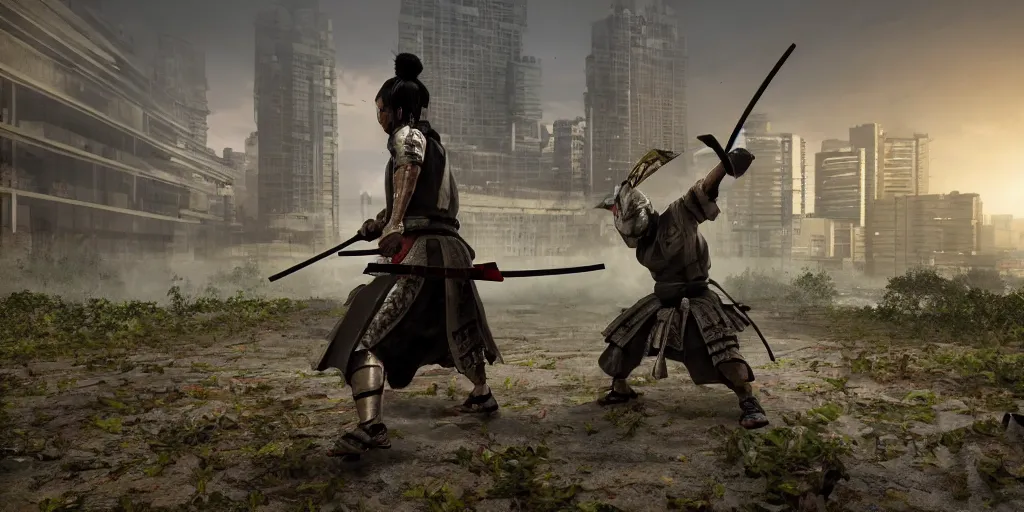 Image similar to samurai silhouette with katana in right hand staying in the abandoned concrete temple, abandoned buildings, empty streetscapes, surrounded by lush green vegetation, ground-level view, puddles of water, stunning volumetric lighting, sunset, trending on Artstation, 8k, photorealistic, hyper detailed, unreal engine 5, cinematic, epic lighting, cryengine, octane render, cyberpunk, red and orange glow, dark, gloomy