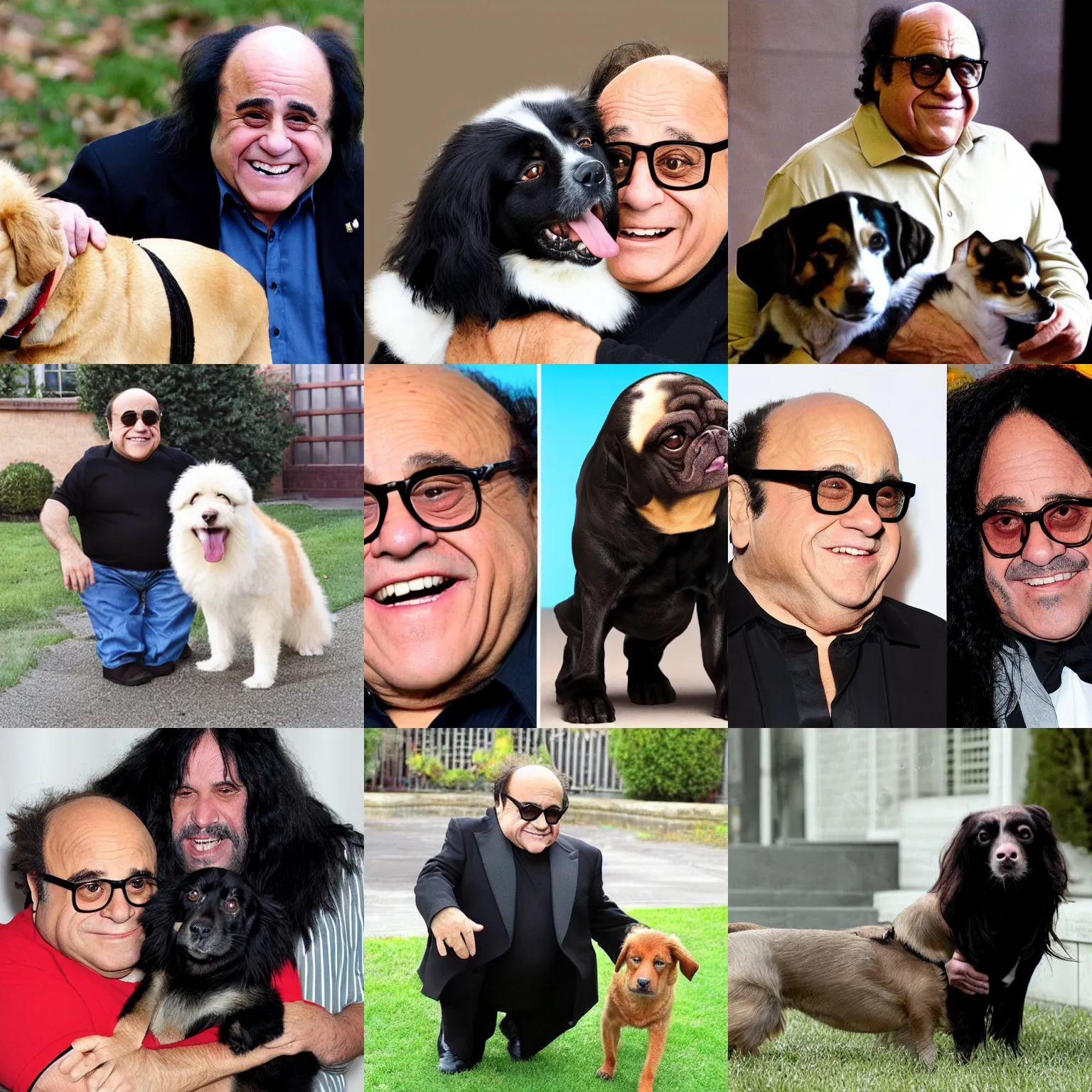 Prompt: danny devito with the body of a dog and long flowing black hair