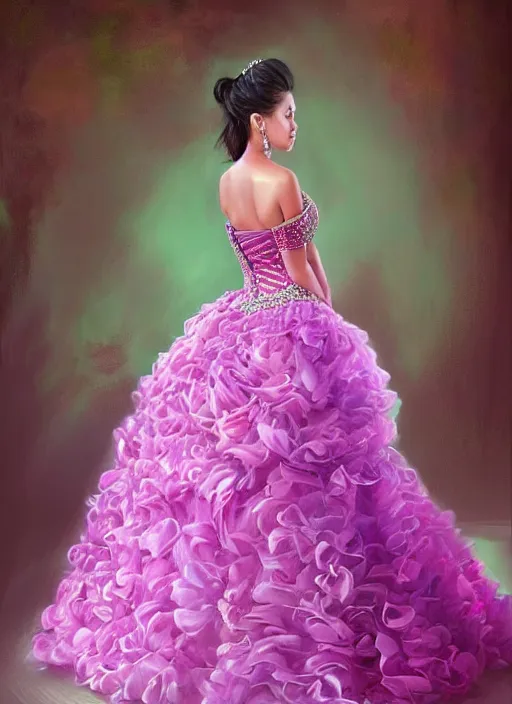 Image similar to photo of a gorgeous young woman at a quinceanera dress in the style of stefan kostic, realistic, sharp focus, 8 k high definition, insanely detailed, intricate, elegant, art by stanley lau and artgerm