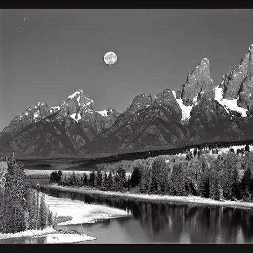 Image similar to the moon and the tetons and the snake river, by ansel adams,