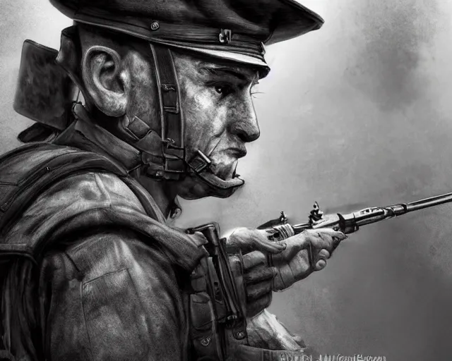 Image similar to A soldier with a hateful face aiming a machine gun at a cat, world war 1, close-up, realistic face, beautiful face detail, mature facial features, black and white, amazing digital art, hyper detailed, artstation, in the style of Tony Sart