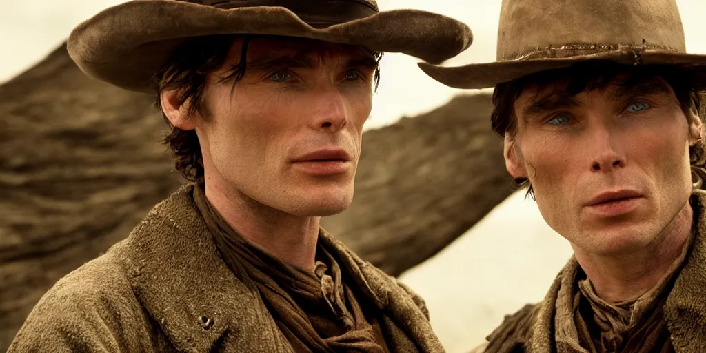 Image similar to rugged bandit cillian murphy in the old west, strangling hank floyd. volumetric lighting, cinematic, dark, grim. directed by coen brothers.