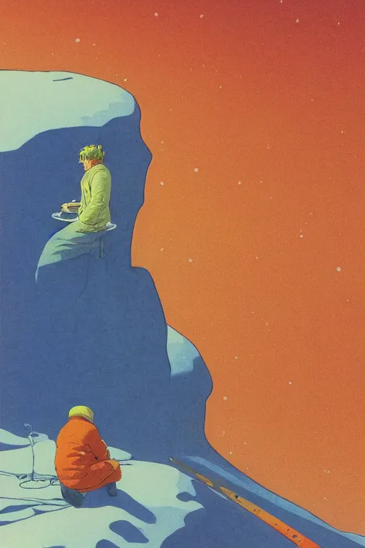 Image similar to a closeup portrait of a man tasting neon fireworks and blotter papers of lsd acid, dreaming psychedelic hallucinations in the vast icy landscape of antarctica, by kawase hasui, moebius and edward hopper, colorful flat surreal design, hd, 8 k, artstation