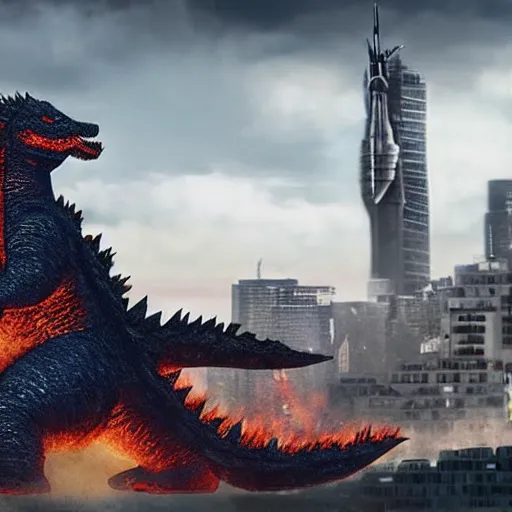 Prompt: Godzilla fights against a giant Keeshond. Around them is a partially destroyed city of Dusseldorf. 4K