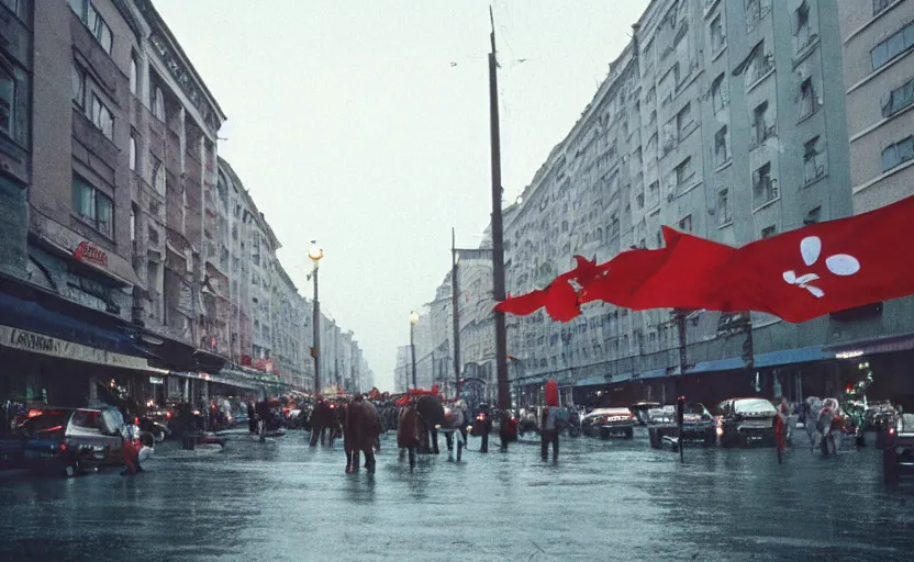 Prompt: 1990s movie still of a youslavian street with many pedestrians with stalinist style highrise, Cinestill 800t 18mm, heavy grainy picture, very detailed, high quality, 4k panoramic, HD criterion, dramatic lightning, streetlight at night, rain, mud, foggy, many CCCP flags