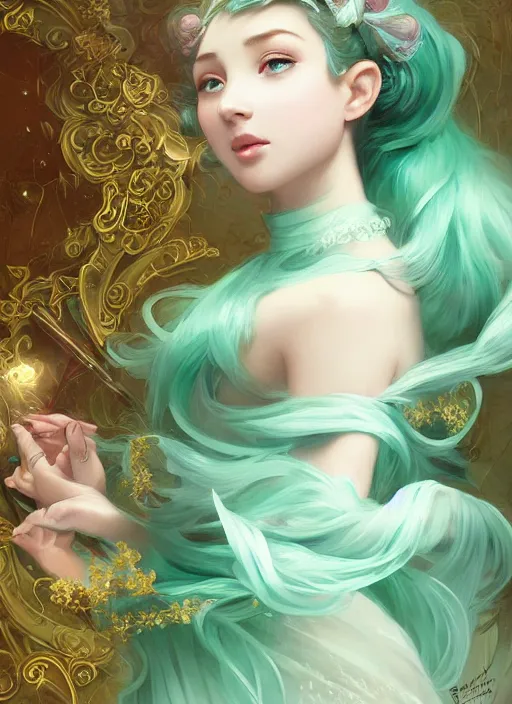 Image similar to Portrait of magical girl, dreamy and ethereal, mint green eyes, peaceful expression, ornate frilly dress, fantasy, intricate, elegant, beautiful, digital art, dynamic lighting, golden ratio, highly detailed, digital painting, trending on artstation, concept art, smooth, sharp focus, illustration, photo realistic, art by artgerm and greg rutkowski and alphonse mucha, 4K