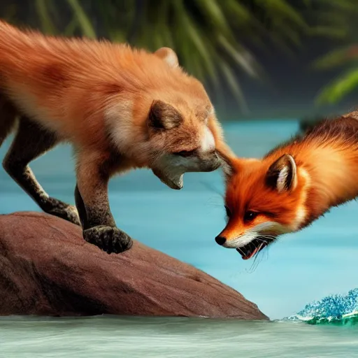 Prompt: photo of a mint - colored ryan reynolds fighting a chocolate fox on a tropical beach, highly detailed,