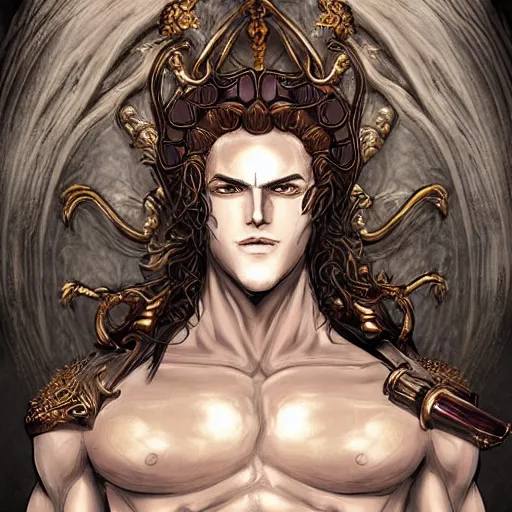 Image similar to portrait of zeus, baroque style, elegant, beautiful, mesmerizing, concept art, fancy clothing, highly detailed, artstation, behance, deviantart, inspired by innocent manga, inspired by castlevania concept art, trending, ayami kojima, shinichi sakamoto