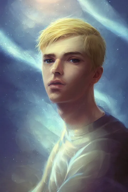 Image similar to young man with short blond hair, looking downwards, magical swirls, magical light, magical atmosphere, depression, painterly, highly detailed, 8 k, digital art trending on artstation, hyper detailed, graphic novel