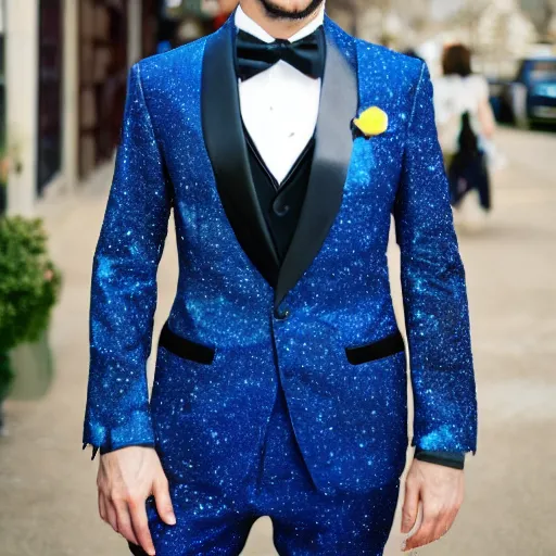 Prompt: photo of a man wearing a galaxy coloured tuxedo