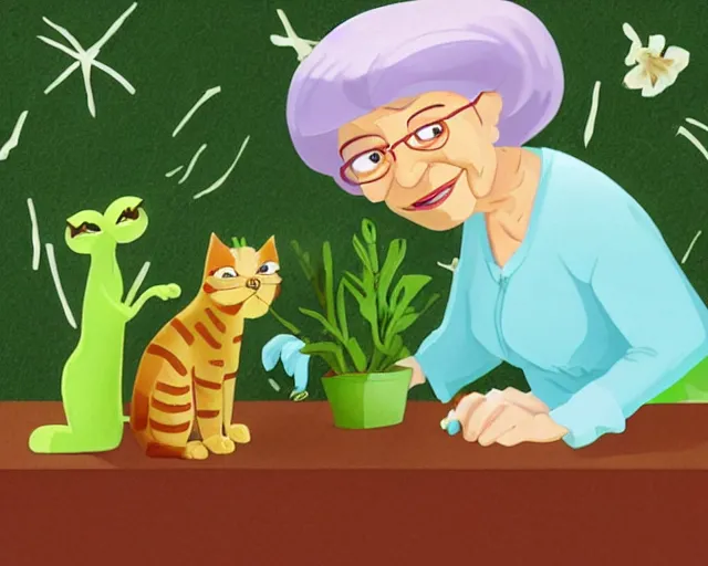 Image similar to cartoon of a nice old lady and her plant cat, pixar, sharp high quality