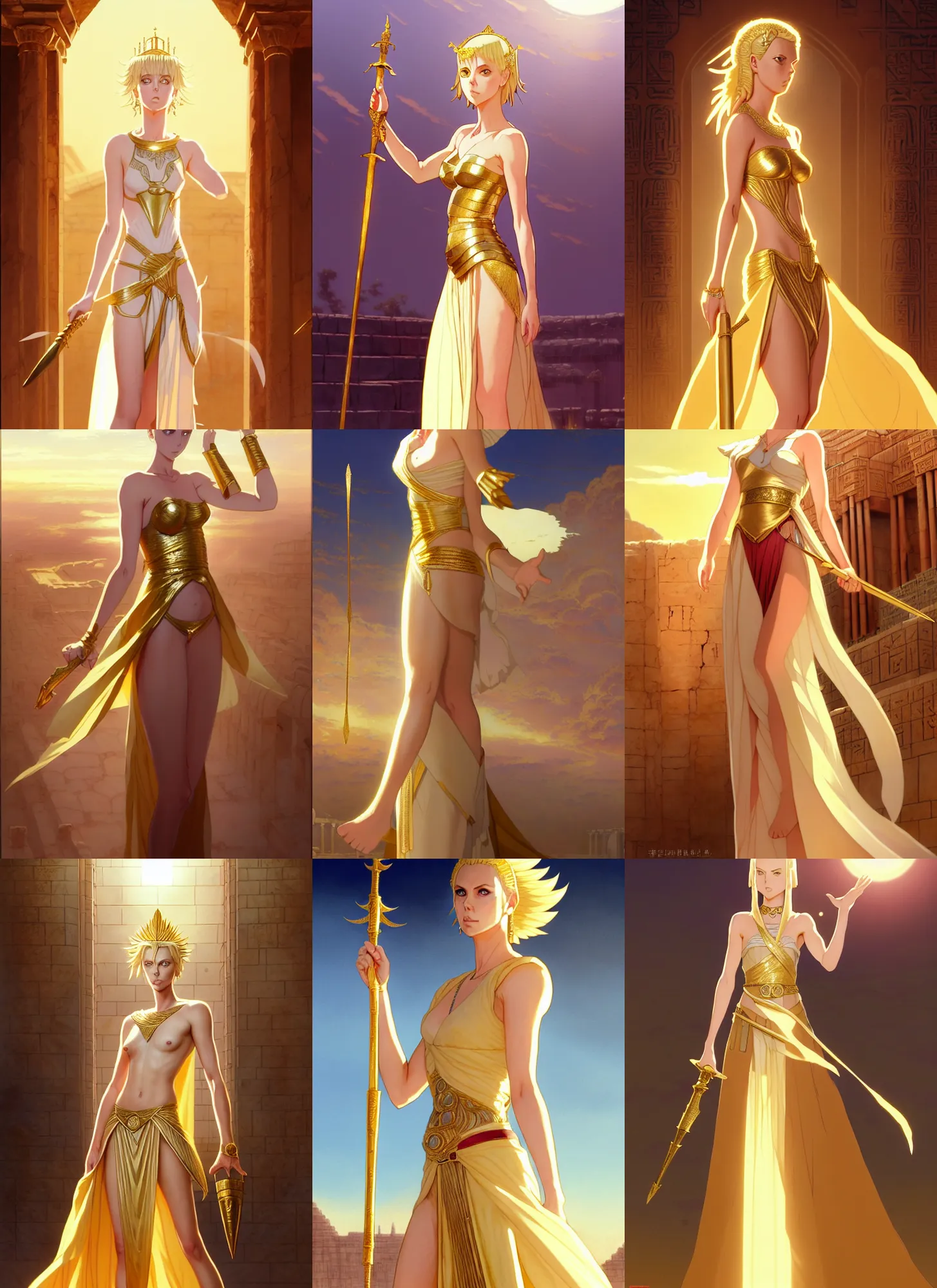 Prompt: a full body portrait of a charlize theron as babylonian princess, long gold dress, sun lighting, water, finely detailed features, perfect art, at an ancient city, gapmoe yandere grimdark, trending on pixiv fanbox, painted by greg rutkowski makoto shinkai takashi takeuchi studio ghibli, akihiko yoshida